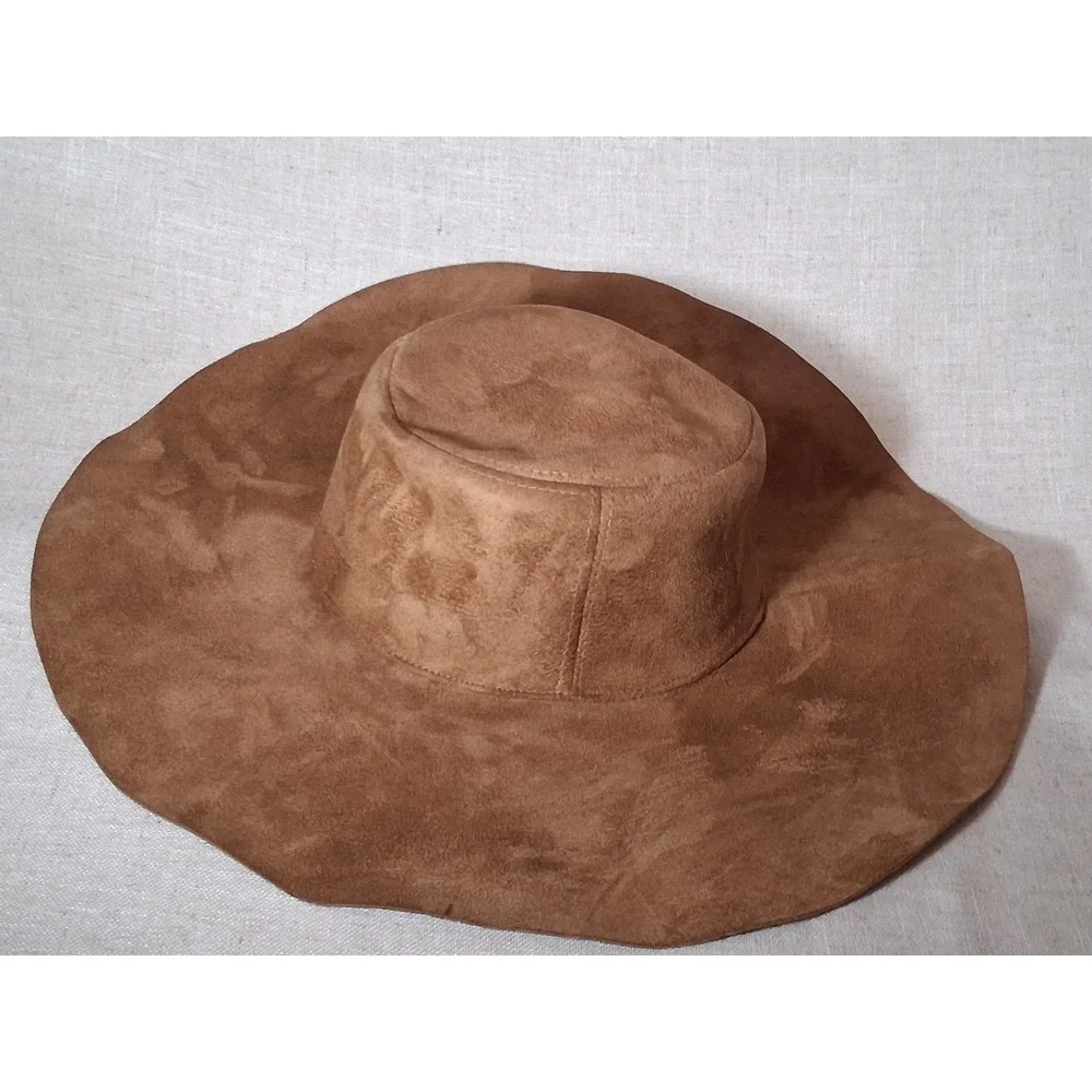Tan Brown Faux Suede Floppy Sun Hat Wide Brim Boho Festival Summer Accessory